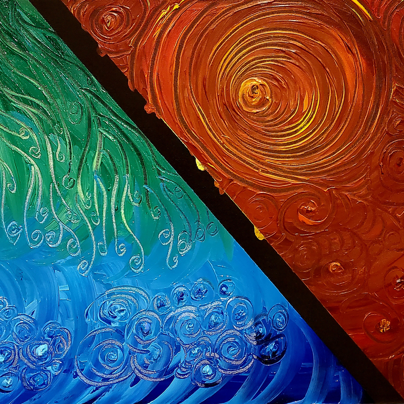 "Earthly Vibrations" is a captivating abstract composition that explores the interconnectedness of natural elements and the universe. Set against a black and white canvas, which symbolises the vastness and mystery of the universe and light. A bold black dividing line runs diagonally across the piece, separating two vibrant sides. On one side, deep reds dominate, representing the warmth, strength, and beauty of the earth. Spirals of various sizes radiate from one large central spiral, echoing the Fibonacci sequence and the presence of spirals in all forms of life, highlighting nature's infinite and recurring patterns. On the opposite side, the cool hues of greens and blues blend together, symbolising the harmony of plant life and the air and water that sustain it. The green section, with elongated lines that spiral at their tips, resembles underwater plant life swaying in the current, evoking the continuous growth and renewal found in nature. Meanwhile, the blue tones represent both sky and water, with gentle wave-like movements and clustered spiral formations that recall soft clouds drifting across the horizon. The technique of scraping away thick layers of paint reveals complimentary colours hidden beneath, adding depth and intrigue to the piece. This scraping process also curiously exposes the black and white canvas below. The strong black line serves as a reminder of the universe—the origin and final resting place of all things. "Earthly Vibrations" invites viewers to feel the warmth, intrigue, growth, and flow of energy that pulsates through the earth, water, and sky, all bound by the infinite expanse of the universe.