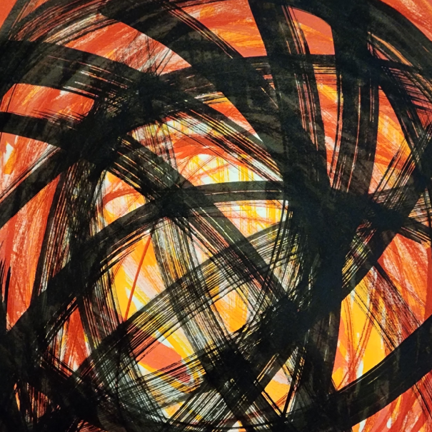 “Within the Fire” is an expressive abstract work created with acrylic markers on paper, giving the appearance of flowing ink brushstrokes layered through bold, circular movements. Rich bands of colour wrap around one another, almost like strands of wool wound into a single form, creating a sense of depth, movement and energy expanding and pushing out from within.
Warm yellows and oranges glow beneath the surface, representing an inner knowing that light exists beyond even our darkest and most challenging experiences. Layers of deep red emerge as the embodied expression of frustration, revealing emotion as it moves through us, while we move through it. The final black layer carries a dual symbolism. It speaks to burnt embers and charcoal, the remnants of transformation, while also representing the quiet strength of love; the universal presence that allows us to remain still as the observer in awareness while the story of self continues its movement through discomfort.
The circular forms suggest an inward journey as much as an outward one. As each layer unfolds, they invite reflection on the relationship between awareness and transformation. It is through fully meeting our inner experience, rather than resisting it, that growth unfolds and new possibilities begin to emerge.
Within the Fire is an invitation to recognise that the deeper we are willing to journey into ourselves with curiosity and presence, the more clearly the light begins to reveal itself.