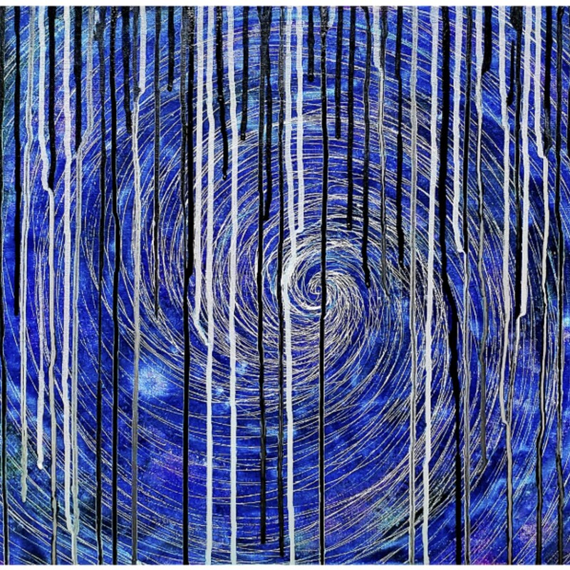 “Through the Veil” is an invitation into the space between what we perceive and what we have yet to see.
Beneath the surface, a swirling field of royal blue moves through emerald green, white, soft turquoise, aqua and lavender. These colours evoke the upper chakras, heart, throat, third eye and crown, and a movement upward through awareness, expression and connection.
Layered over this is a fine network of white lines, spiralling anti-clockwise towards the centre. Their delicate movement creates a sense of energy gathering and drawing inward, as though something beneath our immediate awareness is beginning to stir. 
Then comes the veil. Organic lines of black and white reign down from the top of the canvas like slow raindrops falling, some remaining distinct, others merging to create shifting shades of grey. Together, they form a curtain-like structure, something we might recognise as a veil, obscuring and revealing at the same time.
Black and white carry another layer of meaning throughout the work. Black represents the universal self, the vast nothingness we may enter through meditation, sleep and stillness. White represents the light of the waking world, the external reality in which we move, act and experience our human lives. We live, then, with our feet in both worlds.
As our awareness deepens and our relationship with the infinite self strengthens, we may begin to notice the movement between them, the transition, the push and pull, the moments when what we once believed to be solid begins to soften.
The veil is not necessarily something to pass through, it’s perhaps something more to see through. To recognise that beneath the identity we have constructed, beneath the intellectual self we have learned to call me, there is something more fluid, more spacious, more connected. And perhaps awakening is simply the gradual remembering that we were never as separate, fixed or defined as we once imagined ourselves to be.
