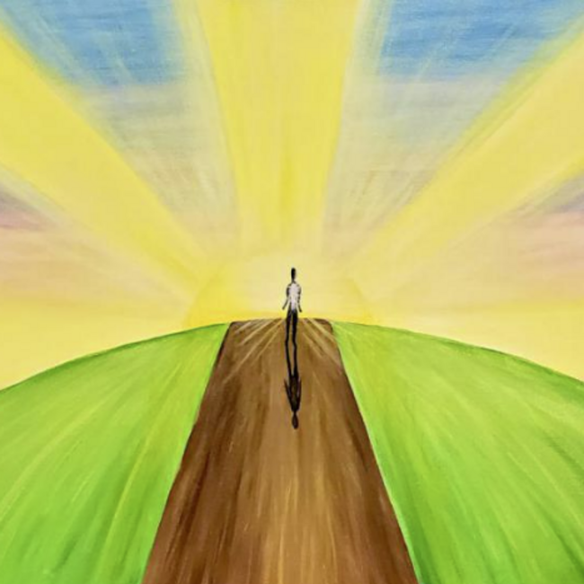 “A New Awakening” is an uplifting painting that invites viewers to embrace the freshness of a new day. At the bottom of the canvas, an earth-like image, vibrant with light and brighter greens, symbolises renewed life and growth. The brown path, now softened with a golden hue, moves through the landscape, representing the journey of awakening and the choices we make each day. The background is a gentle blend of soft pink, mauve, and light blue hues, capturing the serene beauty of a glorious morning sky. A half-risen sun, with bright lemon rays radiating outward, illuminates the scene. The centre of the sun blends into a creamy, almost white colour, symbolising purity and new beginnings. In this painting, a human silhouette walks towards the viewer, embodying the essence of a new day and the opportunity to begin anew. The light from the sun gleams through the centre of the figure, highlighting our nature as beings of light. This radiant glow signifies the potential within each of us to choose the colours of the light we shine and to bring a renewed sense of self to our daily experiences. Discreet metallic gold accents are painted into the path and around the sun, visible only at certain angles when the light catches them. These subtle details symbolise the hidden treasures and opportunities that each new day brings, waiting to be discovered.
