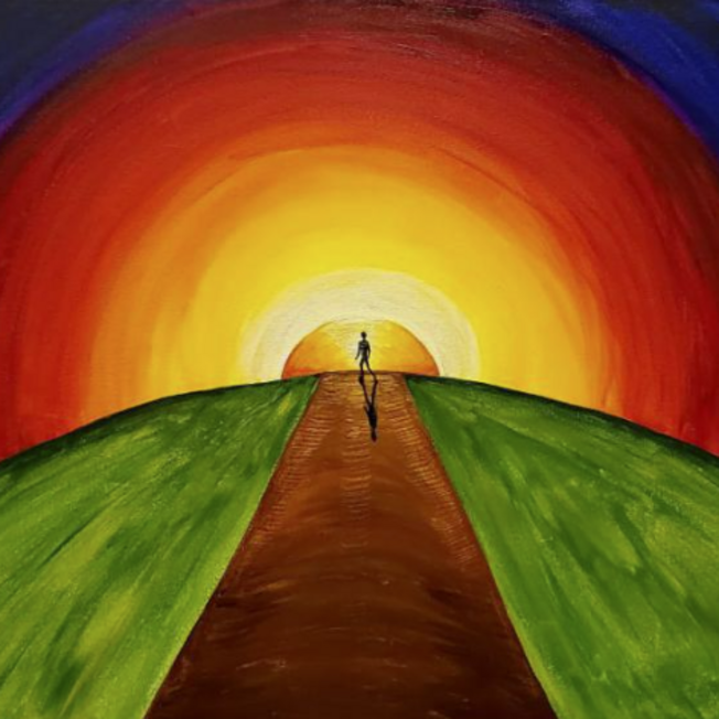 "A Peaceful Surrender" captures the serene act of letting go, inviting viewers to reflect on the nightly ritual of surrendering our ego and troubles to the universe. At the bottom of the canvas, a large earth-like image, lush with green to symbolise life and growth, dominates the scene. The green represents the vitality and interconnectedness of all living things, grounding the viewer in the natural world. Down the centre of this verdant expanse, a dark brown path winds its way, representing the earthly soil and the journey we all undertake. This path is a metaphor for the life journey, leading us towards enlightenment and peace. In the background, a half sun, rich in golden-orange hues, sets gracefully, casting a warm glow across the sky. The sun symbolises the cycle of life, the passage of time, and the inevitable transition from day to night, from consciousness to the subconscious. The sky itself is a mesmerising gradient, blending from a creamy light glow at the horizon through shades of yellow, orange, red, and finally into the deep indigo and black of night. This transition mirrors the passage from day to night, from wakefulness to the peaceful surrender of sleep. On the path, a small human silhouette walks towards the sunset, its shadow stretching behind it. This figure embodies the essence of surrender, moving towards the light with a sense of acceptance and peace. The shadow represents the parts of ourselves we leave behind as we move forward, a reminder of the past that shapes our journey. The painting speaks to the universal experience of releasing our worries and embracing the tranquillity that comes with the end of the day. The act of walking towards the sunset symbolises the journey towards inner peace and the acceptance of the natural cycles of life.