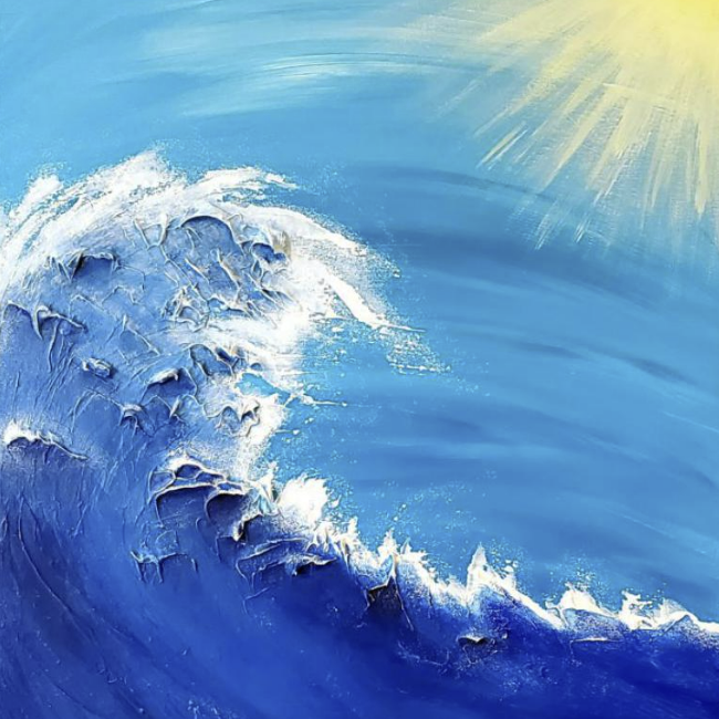 "Joyful Observation" is a textured, dimensional artwork capturing the dynamic rise and fall of a powerful surf wave—its frothing crest and ocean spray, reaching skyward before inevitably crashing back to equilibrium. The radiant sun watches over this cycle, an eternal observer—just as we can be in our own lives. While the wave surges with energy, the colours evoke a sense of joy—vibrant sky blues blending into deep ocean hues, golden yellows illuminating the scene. The textured water appears to lift from the canvas, immersing the viewer in its movement. The sun and wave share an intimate dialogue, as if in quiet understanding. Like the ocean, life moves in cycles. We rise, we fall, we return to balance. But in the midst of life’s turbulence, we have the choice—to be swept away by emotion or to step back and observe, recognising that each moment holds an opportunity for growth. The water itself creates the waves, just as we shape our own growth and experience. Joyful Observation is an invitation to embrace movement, to witness the beauty in every rise and fall, and to find joy in the ever-changing rhythm of life.