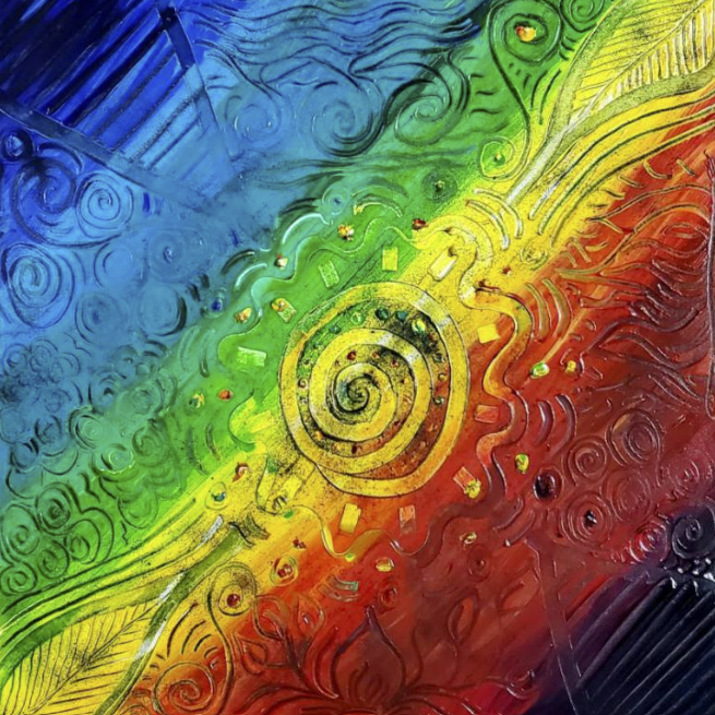 “Ancient Wisdom” invites viewers to explore a realm where timeless forces and ancient knowledge intertwine. At its core, a vibrant yellow spiral radiates life-giving energy and deep-rooted wisdom, acting as a radiant focal point that draws the viewer into a contemplative journey of discovery. Surrounding this central spiral, a rich tapestry of colors weaves a story of elemental harmony and transformation. Layers of deep blues, verdant greens, fiery reds, and profound purples merge and flow, evoking the primordial energies of the earth, sky, and cosmos. These hues blend seamlessly, hinting at the hidden dimensions of reality and the unseen forces that shape our world. Intricate textures and shapes emerge, suggesting ancient symbols and sacred geometry. The forms evoke a sense of structure and reverence, hinting at lost civilizations that once venerated these cosmic truths. Swirling patterns and dynamic lines suggest the movement of natural elements—water, fire, air, and earth—intertwining in a dance that transcends time. A subtle layer of charcoal dust, like stardust, is delicately scattered across the surface, connecting us to the universe and reminding us of our cosmic origins. This celestial element adds depth and mystery, blending the ancient with the eternal and inviting viewers to reflect on their own place within the grand tapestry of existence. “Ancient Wisdom” beckons viewers to immerse themselves in the cosmic rhythms and elemental forces that shape our reality. It encourages exploration of the primordial essence of life and reflection on the interconnectedness of all things within the vast, enigmatic universe.