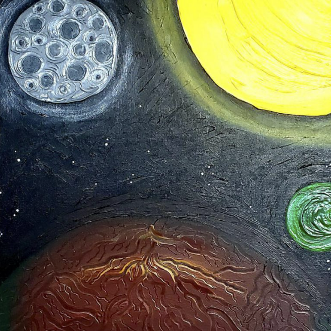 "Spacial Awareness" is an exploration of cosmic harmony, where age-old wisdom and new life coexist in an elegant, universal dance. Through textured layers and celestial elements, this piece captures the essence of growth emerging from the grounding forces of time and the infinite expanse of space. The moon represents ancient knowledge, imbued with a sense of timelessness, while the sun radiates vibrant energy, symbolising vitality and the continuous flow of life. The earth, with its weathered texture, reveals the stories and cycles of age, grounding the piece in the reality of time’s passage. Amidst this, a new, green planet emerges—fresh, crisp, and full of potential—highlighting the beauty of renewal and growth. As glowing rings of energy emanate from the planets and sun, the painting suggests a dialogue between these celestial forces, where community and communication form the foundation of their interconnectedness. The space-like black background and scattered stars evoke a sense of mystery, representing the vast unknown and the potential for discovery within. The title itself, "Spacial Awareness", offers a playful nod to the word "spatial," subtly inviting the viewer to consider not just the physical placement of celestial bodies, but the deeper awareness of space—both within and beyond us. In Spacial Awareness, the viewer is invited to contemplate the delicate balance between the wisdom of the past and the promise of new beginnings. This painting is a reflection on the interconnectedness of all things, a celebration of life’s constant renewal, and a reminder of the quiet, powerful communication that flows between us and the universe.