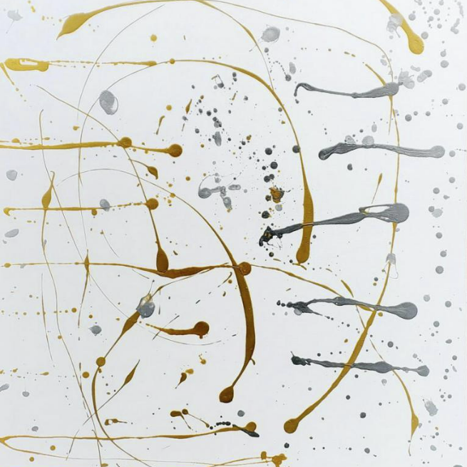 "Shooting Stars And Feminine Grace" is a captivating painting that weaves together elements of elegance and dynamic energy. Streaks and splashes of gold and silver scatter across a white canvas, infusing the piece with a sense of royalty and wealth. The interplay between order and chaos creates a feeling of fluidity, as if a dance is unfolding before our eyes—graceful yet full of vitality. Within the movement, elongated feminine forms dive in unison, their elegant curves tracing an invisible path, while shooting stars in golden hues streak through the air in circular motion, symbolising the beauty and force of cosmic energy. Some shapes evoke the delicate form of lilies, while others resemble the potency of life’s beginnings—sperm-like figures spiralling into existence. The scattered gold and silver droplets add to the sense of wonder, as if the universe itself is quietly unfurling. This piece invites curiosity and exploration, with no clear top or bottom, embodying the infinite flow of life’s light and the wealth of experiences we bring to ourselves. Shooting Stars and Feminine Grace serves as a reminder of the beauty, strength, and grace that resides in each of us—our connection to the cosmic dance and the magnificent energy that flows through us all. It is a celebration of life’s richness and the divine feminine energy that guides us forward.